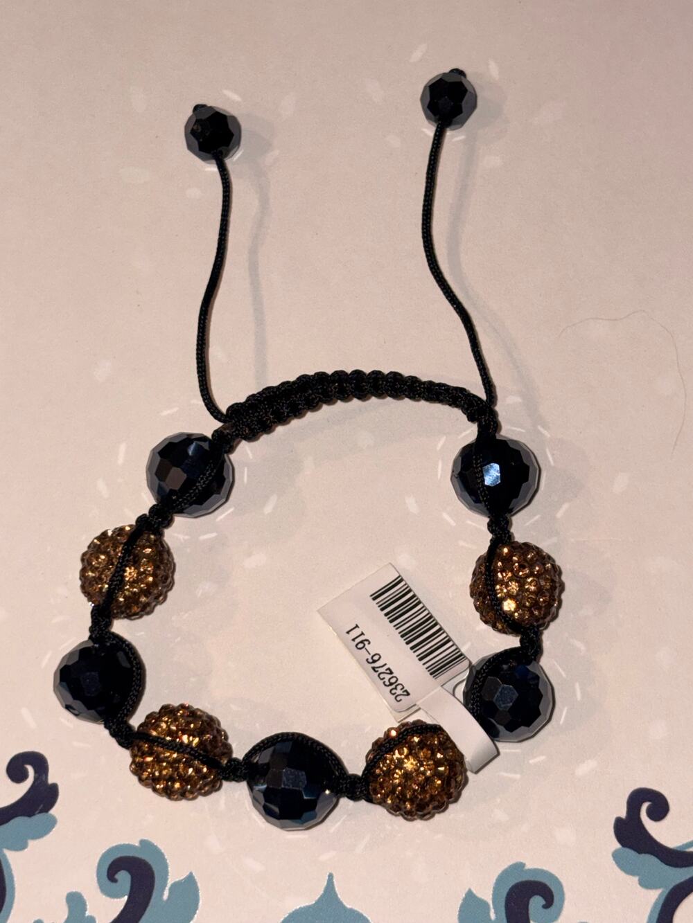 Bronze Crystal Pave Disco Ball & Blue Beaded Macramé Bracelet Drawstring Cuff